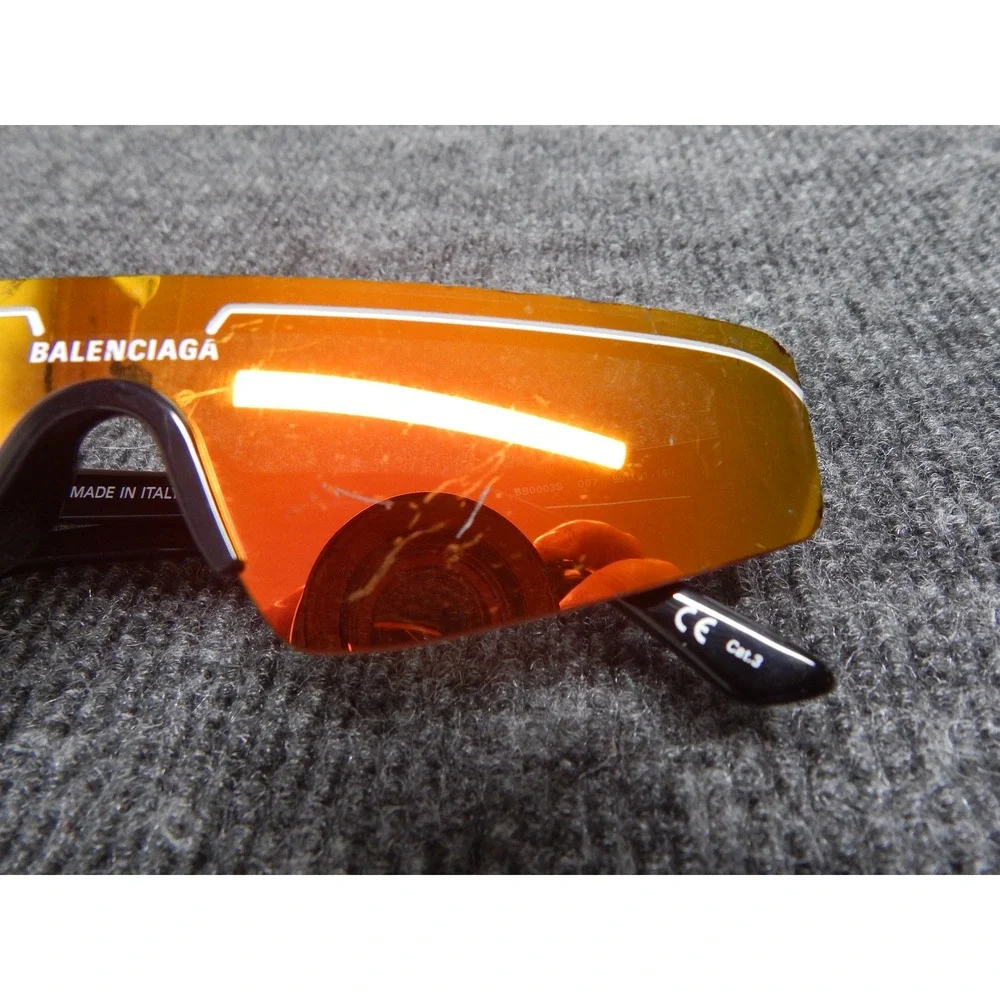 Balenciaga BB0003S 007 Shield Sunglasses Orange Mirrored Lens Italy Black Frame